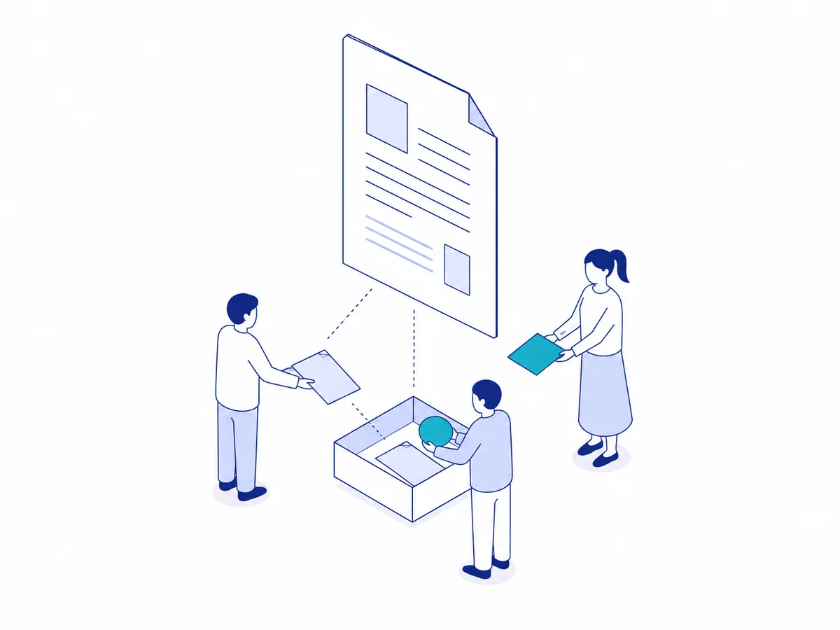 1枚の運用ルールを見ながら、3人が同じひとつの箱に情報を入れている様子のイラスト